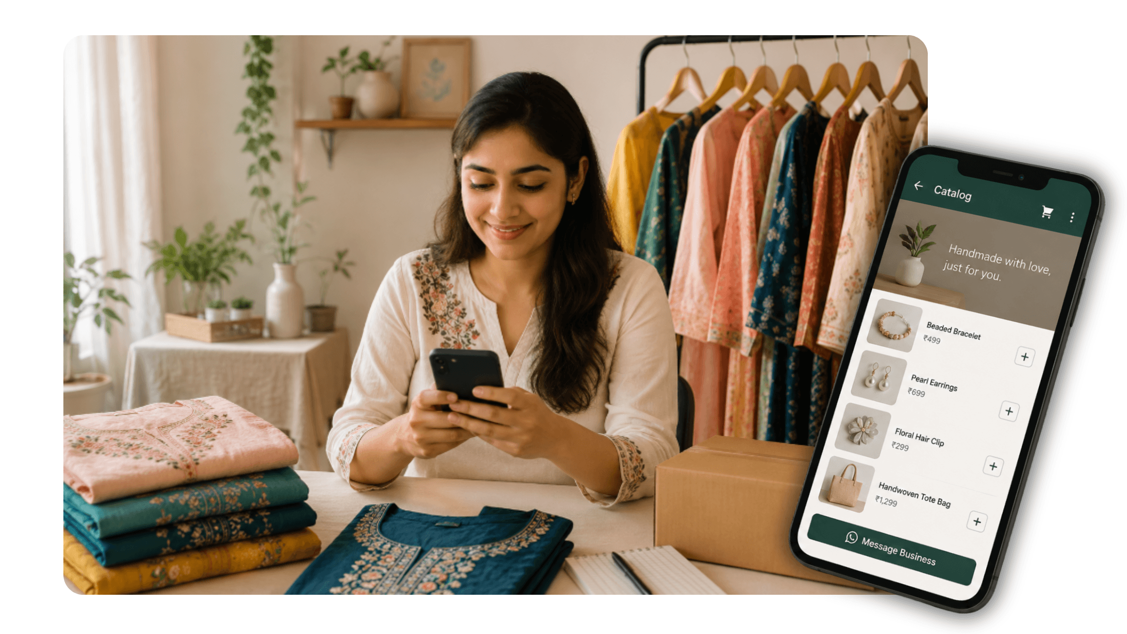 Small business owner creating a professional product catalog for WhatsApp Business
