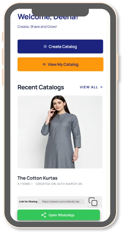 Catawiz mobile catalog with WhatsApp share and customer enquiry flow
